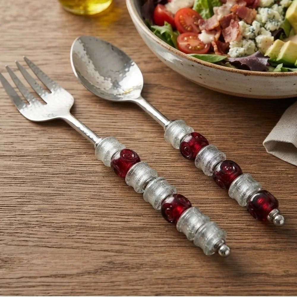 Pampered Chef Retired Beaded Serving Set Hammered Stainless Steel Red Glass 2pc